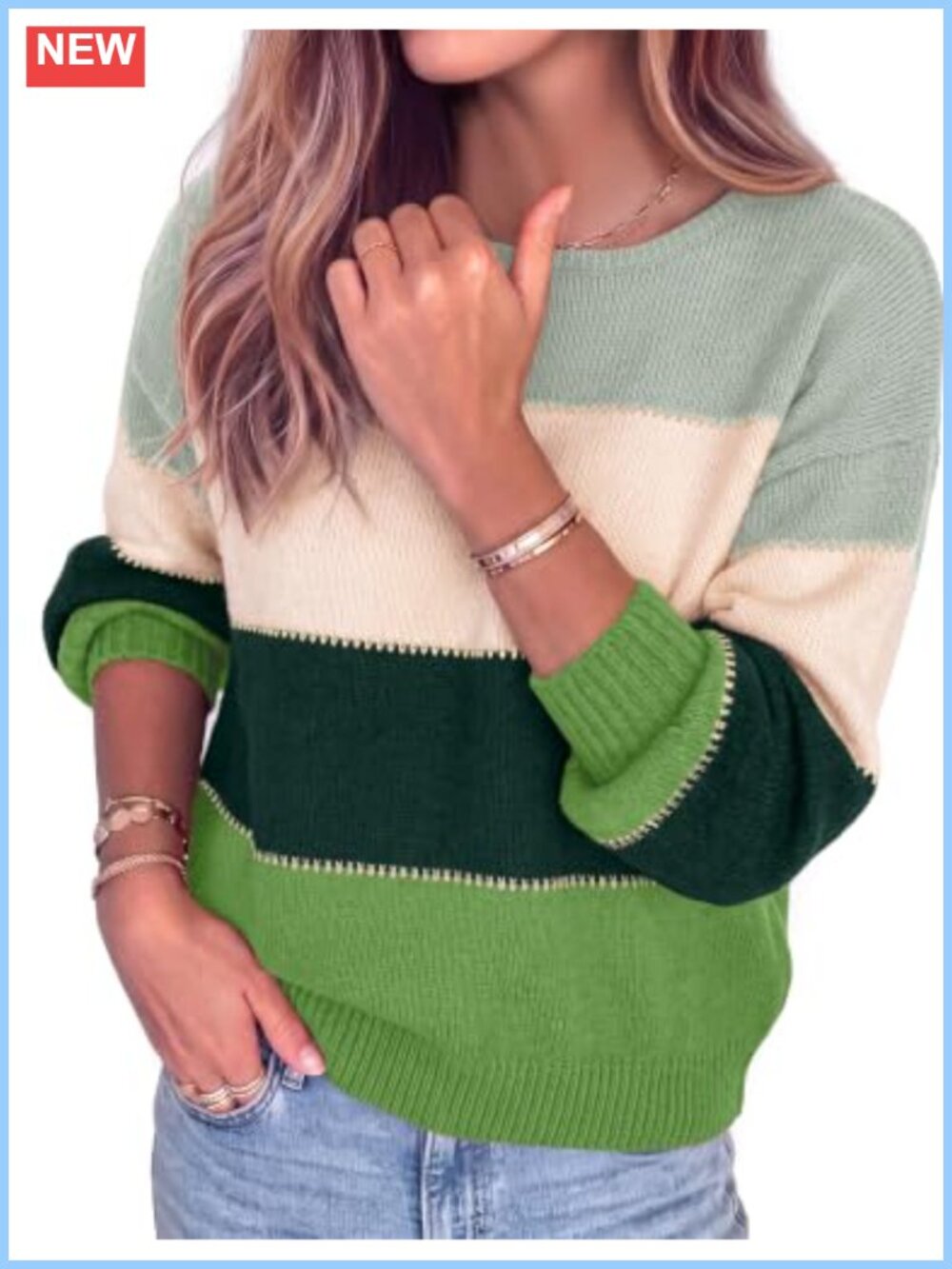 Oversized Striped Color Block Pullover Sweater Crew Neck Drop Shoulder
